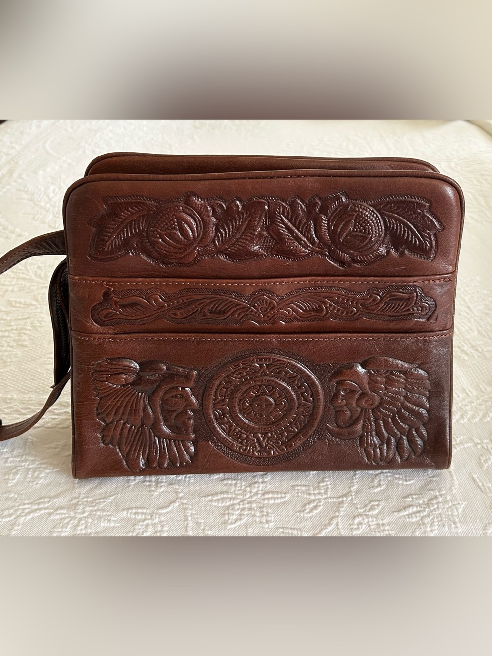 Vintage Tooled Leather Embossed Mexican Handbag Floral Aztec Pattern